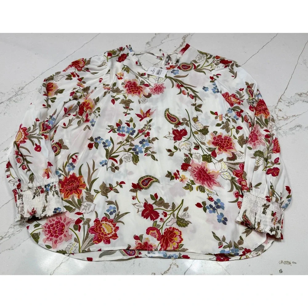 LOFT Floral Print‎ Ruffle Neck Tie Blouse Long Sleeve Women's Size L NWT
